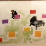 Mysterious Thelonious (1997)
Watercolor on paper, pages 12-13
The tones of the color wheel were matched to the chromatic jazz scale, allowing Monk's piece "Misterioso" to be translated into color in the background. Illustrations of Monk and his piano are, in a way, placed on top of the music.
Gift of Guy and Carol Wolfenbarger
23 7/8" x 30" (frame);
22" x 30" (image) Study for Mysterious Thelonious (Chris Raschka)
